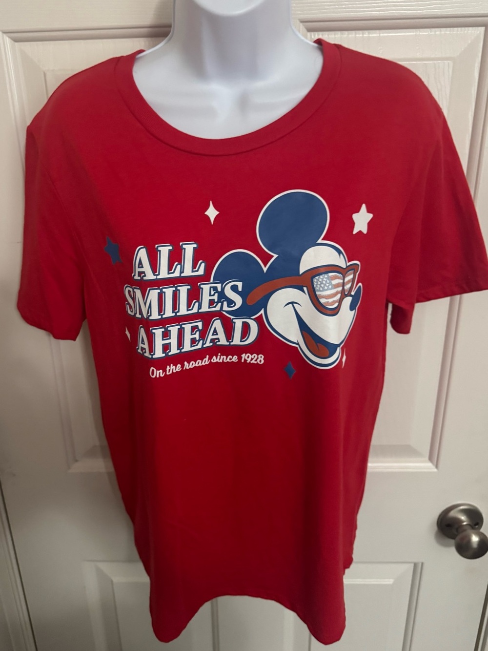 Disney Red Mickey Graphic Tee with Blue and White Accents
